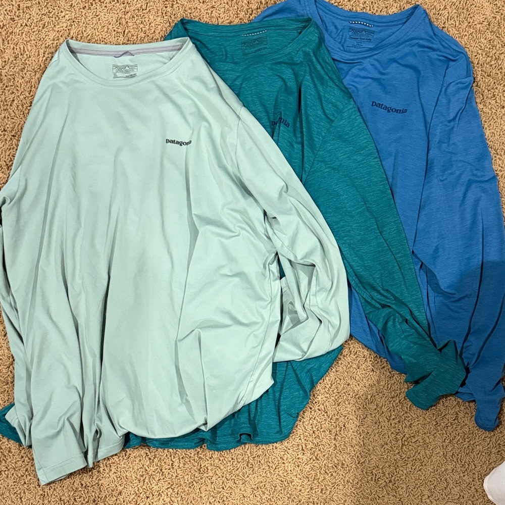 3 Patagonia Long Sleeve Shirt Trio in Light Blue, Teal, and Blue
